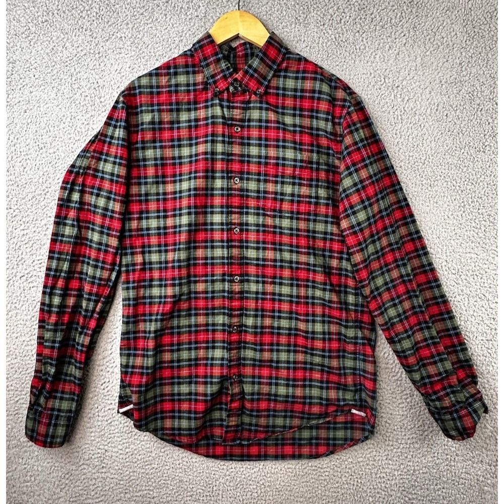Bonobos Stretch Shirt Mens Large Long Slim Fit Red Green Plaid L/S Button Up